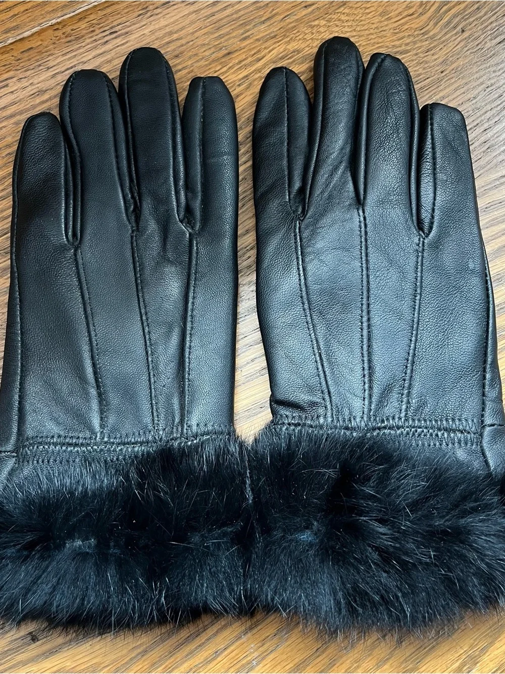 Bijoux Terner Black Leather Gloves Rabbit Fur Cuffs Stylish Classy Women’s M